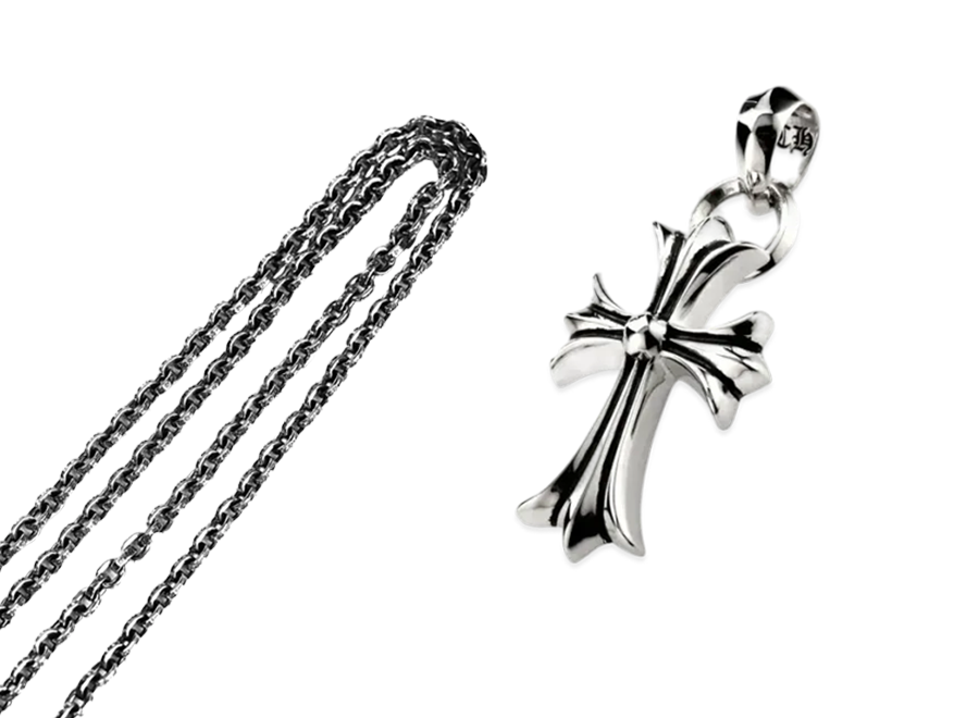 Chrome Hearts Cross Pendant W/ Bail & 24 Inch Paper Chain Necklace Set