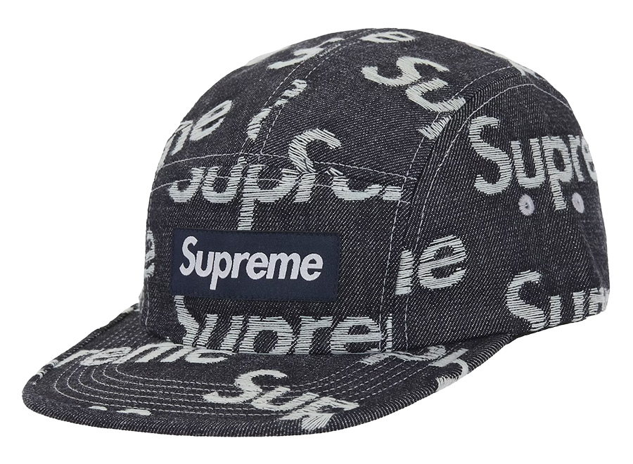Supreme Jacquard Logos Denim Camp Cap Rigid Indigo