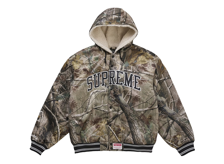 Supreme Mitchell & Ness Lined Hooded Satin Varsity Jacket Realtree AP Camo