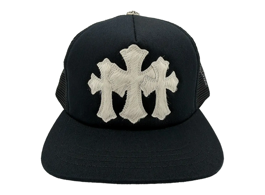 Chrome Hearts White Pony Hair Cemetery Cross CH Trucker Hat Black