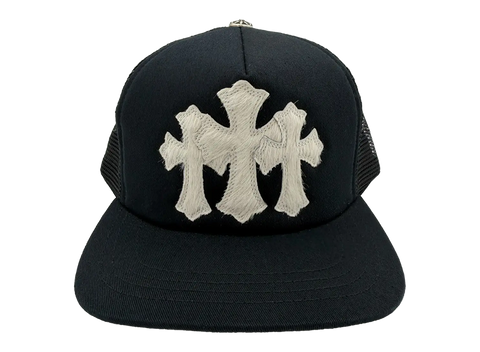 Chrome Hearts White Pony Hair Cemetery Cross CH Trucker Hat Black