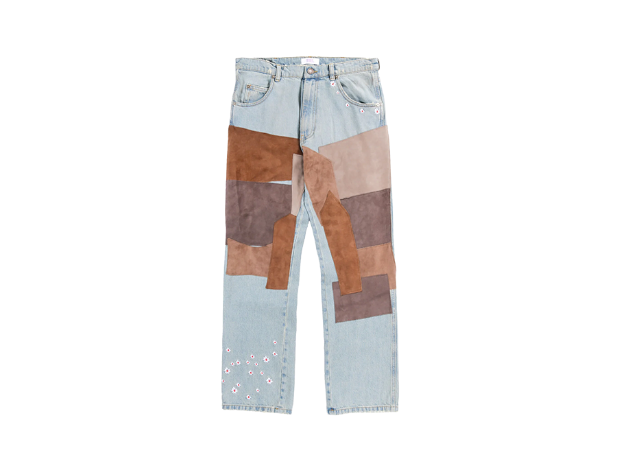 ERL LEATHER PATCHWORK JEANS LIGHT BLUE