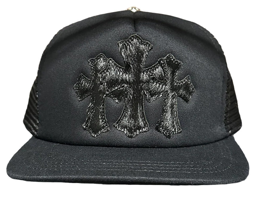 Chrome Hearts Black Triple Cross Calf Hair Trucker Hat