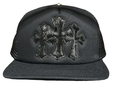 Chrome Hearts Black Triple Cross Calf Hair Trucker Hat