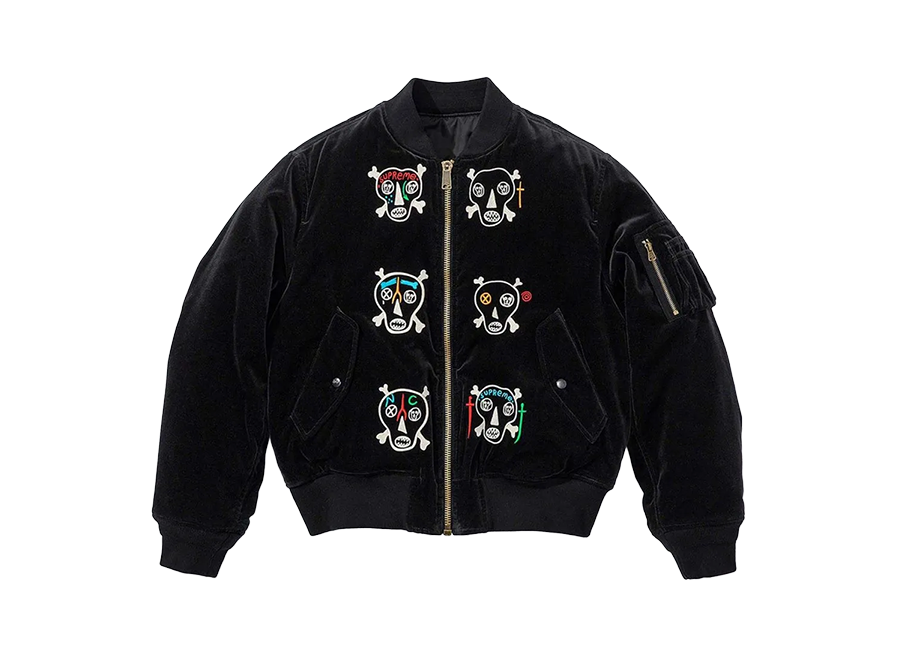 Supreme Clayton Patterson Skulls Embroidered Velvet MA-1 Black